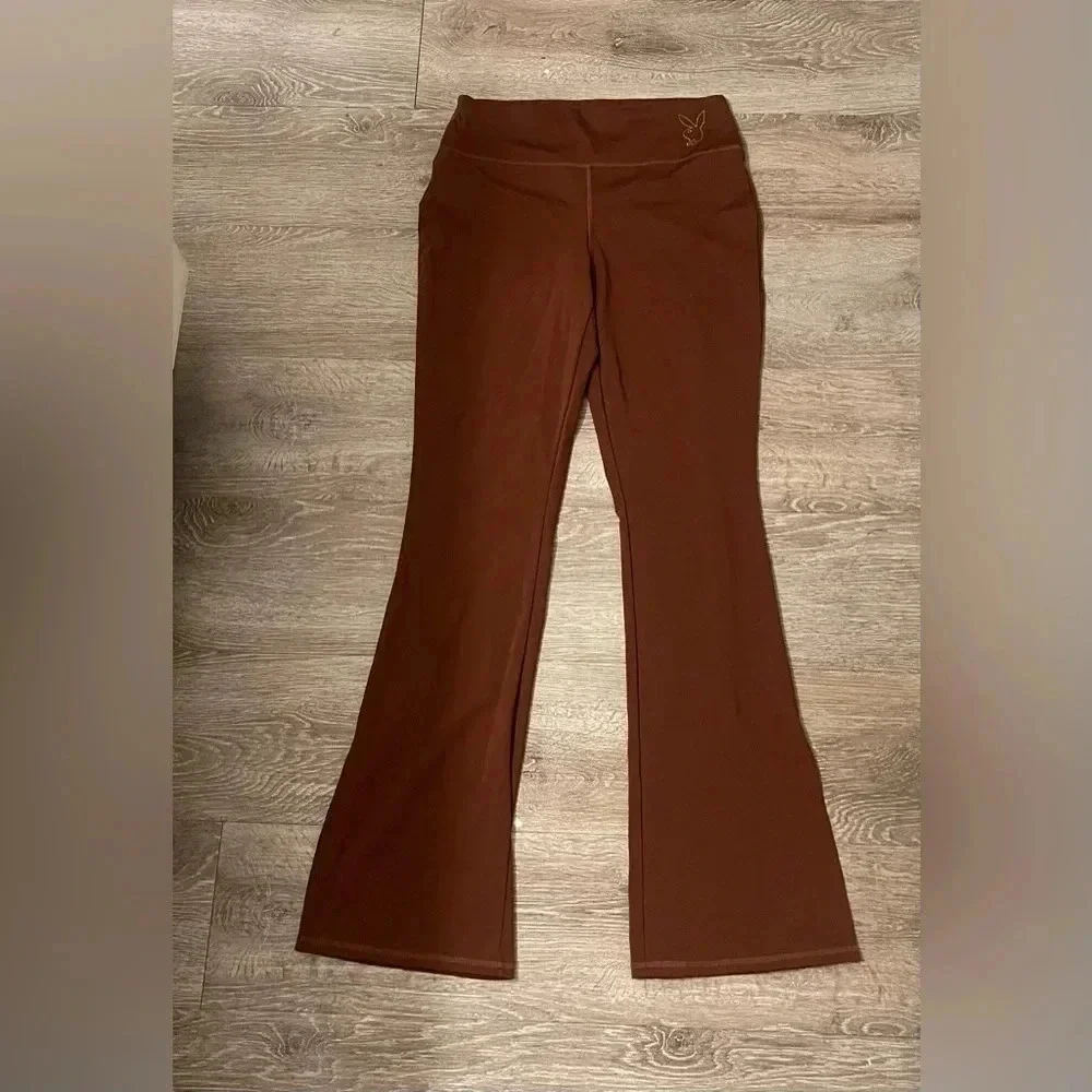 Playboy by Pacsun Brown Mid Rise Flare Yoga Leggings Slit Leg Rhinestone Y2K